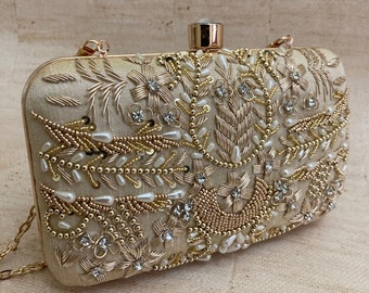 GOLD Rectangular Pearl Embellished Handcrafted Clutch Bag•Indian Clutch•Gold Embroidered Clutch•Gold Handbag•Pearl Clutch•Evening Clutch
