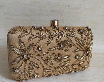 Gold Handcrafted Rectangular Clutch•Evening Shoulder Handbag•Gold Purse