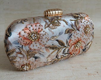 Elegant Handcrafted Grey Floral Clutch•Digitally Printed Embroidered Evening Bag•Statement Party Handbag