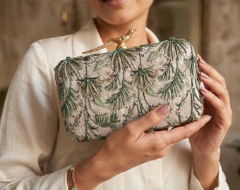 REDUCED Digitally Printed Palm Tree Rectangular Clutch•Bird Clasp Evening Grey Shoulder Purse
