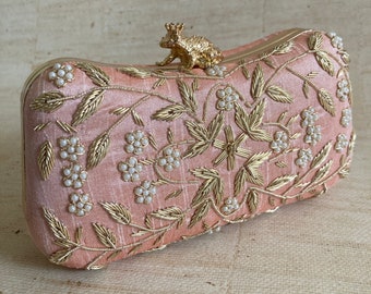 Pink Gold Pearl Rectangular Embellished Handcrafted Clutch Bag•Indian Clutch•Pink Clutch•Shoulder Bag•Pearl Clutch•Evening Clutch