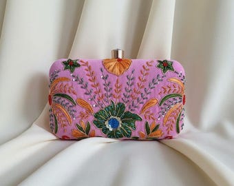 Pink Rectangular Handcrafted Clutch Bag•Colourful Velvet Evening Handbag•Indian Clutch