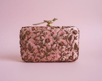 Pink Satin Rectangular Pink Clutch•Bird Clasp Purse•Digitally Printed Floral Embroidered Handbag