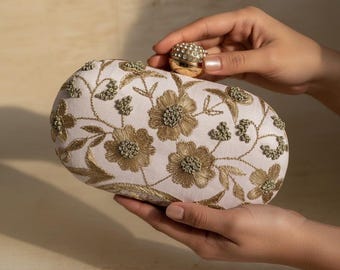 Pink Oval Clutch•Handcrafted Indian Clutch•Evening Shoulder Purse•Floral Embroidered Bag