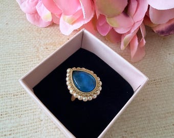 Blue Teardrop Pearl Ring • Adjustable Gold Statement Ring