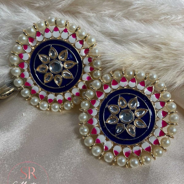 Oversized Kundan and Pearl Stud Earrings(Midnight Blue)•Kundan Studs•Indian Earrings•Indian Jewellery•Pakistani Bride•Kundan Jewellery