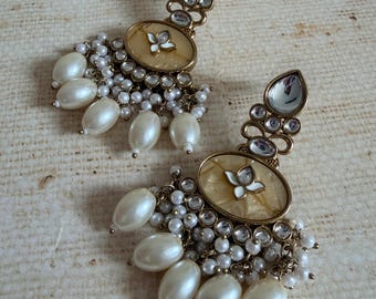 Mother of Pearl Kundan Dangle Earrings • White Ethnic Pearls