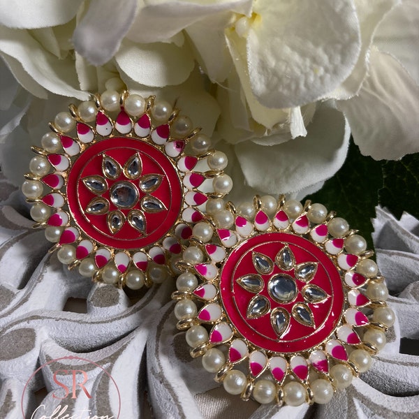 Pink Oversized Kundan and Pearl Stud Earrings•Kundan Studs•Indian Earrings•Indian Jewellery•Pakistani Bride•Kundan Jewellery•Meenakari Studs