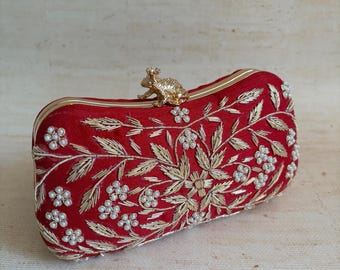 Red Embroidered Silk Clutch Bag • Handcrafted Pearl Evening Bag (5x9 Inches)• Frog Clasp Purse