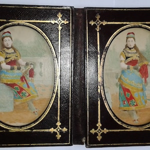 Pair of Hand-Tinted Cabinet Cards in Moroccan Leather Traveller