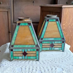 Ca 1920s Leaded Slag Glass Sconces, Art Deco Design, Signed R WILLIAMSON & CO, CHICAGO, Tagged, Arts and Crafts Style, Collectible Art Glass