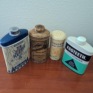 Four Vintage Medicated Powder Tins; Baby Powder Advertising, 1930s Athletes Foot Powder, 1970s Denture Adhesive, Pharmaceutical Collectibles