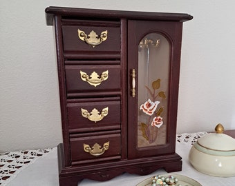 1980s Wooden Armoire Tabletop Jewelry Box, Vintage Keepsake/Trinket Storage Case, Lovely!