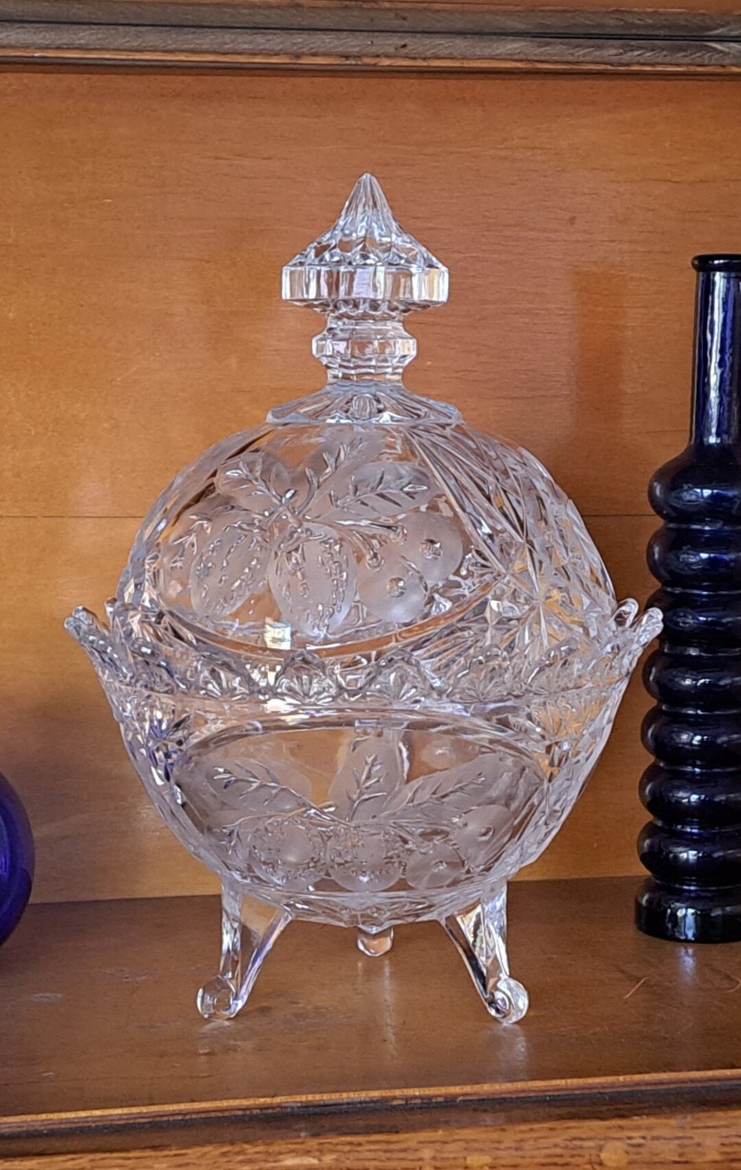 Large Midcentury Footed Crystal Glass Bowl & Lid, Vintage Holiday