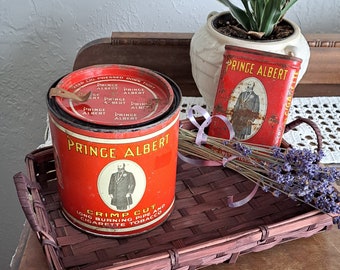 Two Circa 1940s Prince Albert Crimp Cut Tobacco Tins, Vintage Decor, Collectible Tobacciana, Shabby Chic Decor, Tobacco Advertising