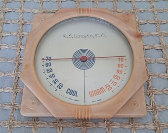 Original Depression-Era Wall Thermometer, Marbled Peach Bakelite, 1930s Art Deco Style, Vintage Medical Office, Collectible Advertising
