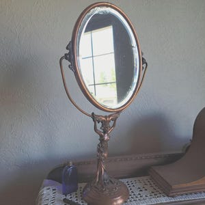 Antique 19&quot; Copper French-Figural Vanity/Table Mirror, C 1900, Art Nouveau Decor, Vintage French Buidoir Mirror, Victorian Pedestal Mirror