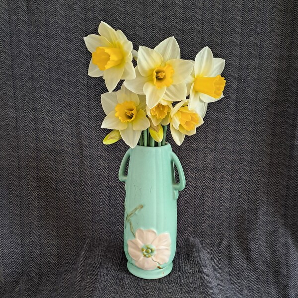 1930s Weller Matte Seafoam Green Ceramic Vase, Dogwood Flower, Double Handled Urn, Vintage Art Deco Pottery