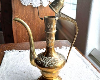 Vintage 1970s Brass Aftaba Ewer, Decorative Etched Indian Teapot/Pitcher, "I Dream of Jeannie" Bottle
