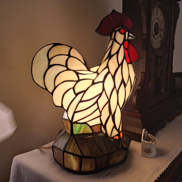 Vintage Tiffany-Style Stained Glass Rooster Table Lamp/Night Light, Circa 1970s, Farmhouse Decor, Vintage Country Accent