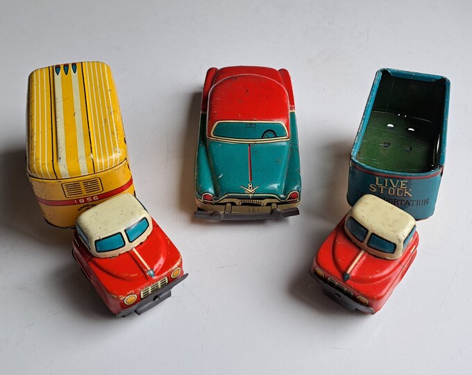 1956 Tin Toy Vehicle Lot, Collectible 5inch Miniatures, Japanesemade