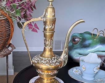 Vintage 1970s Brass Aftaba Ewer, Decorative Etched Indian Teapot/Pitcher, "I Dream of Jeannie" Bottle