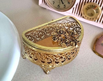 Vintage Small Ormolu-Style Jewelry Box, Hollywood Regency Bathroom, Mid-Century Boudoir