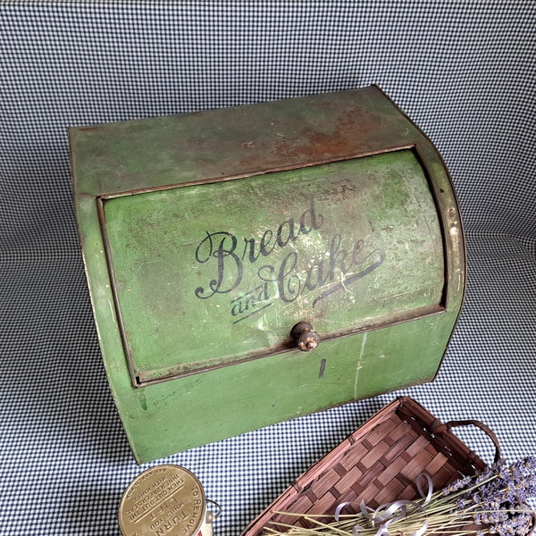 Antique Empeco Bread Box, Green Metal Rolltop Bread and Cake Box, Early 20th Century Decor, Primitive Farmhouse Kitchen, Rare