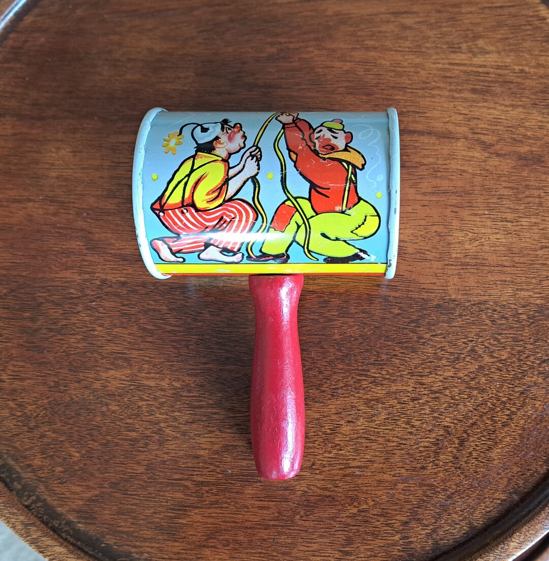 Original Midcentury Tin Party Rattle/noisemaker, Red Wooden Handle