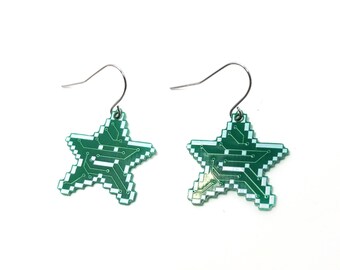 Happy Star Circuit Board Earrings, pixel art drop earrings retro star earrings circuit board jewelry happy star earrings gamer jewelry
