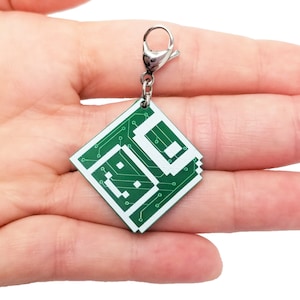 Happy Floppy Disk Circuit Board Charm - Retro Pixel Art, Green/White Stainless Steel Lobster Charm for Keychain Sneakers Bracelet Backpack