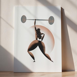 Könnte beinhalten: Leinwanddruck mit einer stilisierten Illustration einer Person, die eine Langhantel hebt. Die Figur ist in Braun- und Beigetönen gehalten, mit einem pfirsichfarbenen Kreis im Hintergrund. Geeignet für Fitness- oder Sporträume.