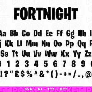 May include: A digital font set titled FORTNIGHT featuring a complete alphabet in uppercase and lowercase letters, numerals from zero to nine, and a variety of punctuation marks and symbols, all displayed in a bold, black, sans-serif typeface.