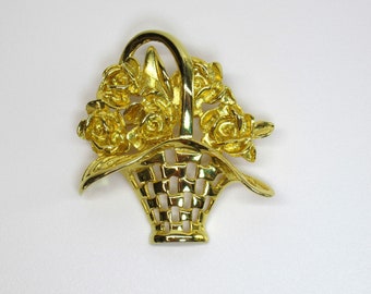 Vintage Gold Brooch Flower Basket 1980s