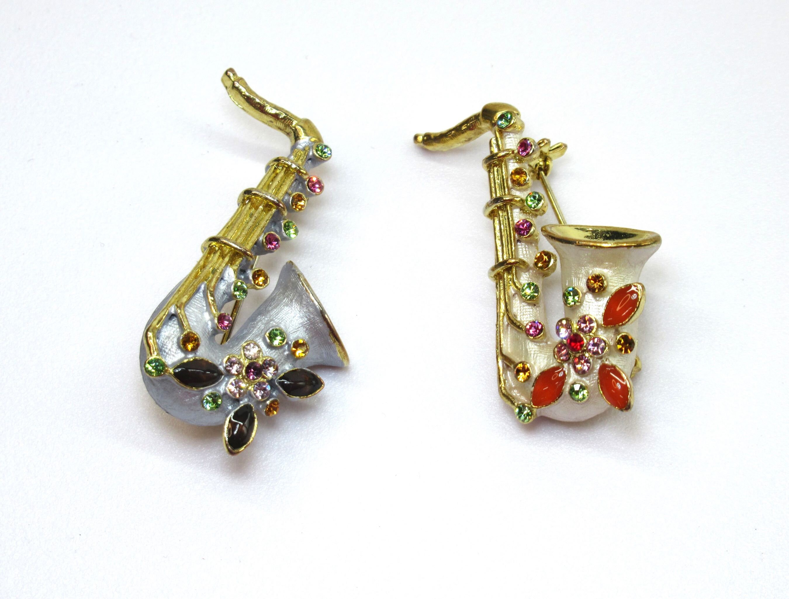 Vintage Saxophone Brooches Costume Jewellery AROMARK Rhinestone