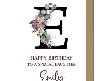 Personalised Floral Initial Letter Birthday Card, Custom Name Greeting for Her, Mum Daughter Sister Wife Nan Grandma