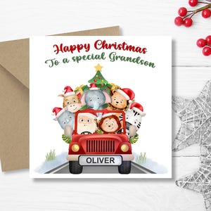 Personalised Christmas cards for children - Santa Car Safari Xmas Card for kids - Grandson, Grandduaghter, Nephew etc…