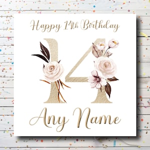 Personalised 14th Birthday Card -  Custom 14 Birthday Card for daughter - Floral Birthday Card for granddaughter / friend etc..