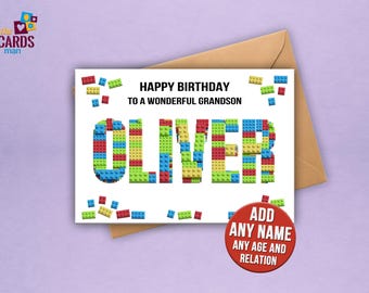 Brick-Themed Personalised Birthday Card – Building Blocks Style – For Son or Grandson – Any Name Added