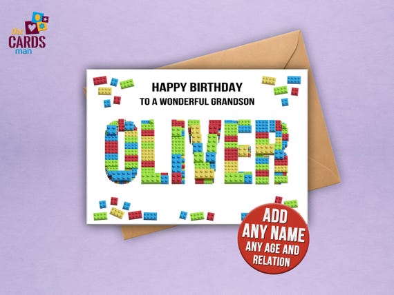 Brick-Themed Personalised Birthday Card – Building Blocks Style – For Son or Grandson – Any Name Added