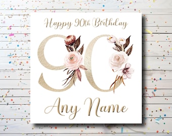 Personalized 90th Birthday Card – Floral Design, Custom Name