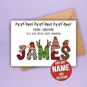 Personalised Christmas Card for grandson - Personalised Christmas Card for granddaughter - Cute Xmas card for family or friends .. any name!
