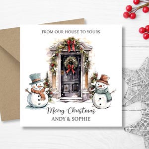 Personalised Family Home Christmas Card - Door and Snowman Winter scene couple or family xmas card - Unique Custom Xmas gift with any names