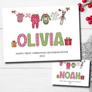 Babys 1st Christmas Card - Newborn Christmas Cards for Granddaughter, Grandson, Nephew, Niece etc.. First Xmas Card - Any Name
