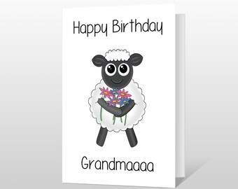 Grandma Birthday Card - Funny Cute Sheep Flowers Card for Grandmother Grandma Grannie Gran Granma Nana Nanna