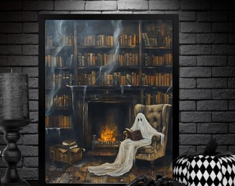 Arte imprimible de fantasma leyendo un libro al estilo Dark Academia - Pintura de biblioteca sombría - Arte de pared de Halloween - Decoración de fantasmas vintage espeluznante - Impresión digital
