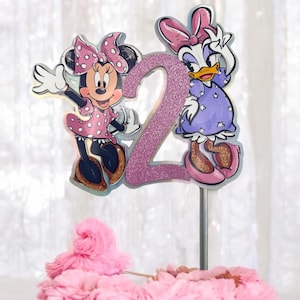 Watercolor Minnie and Daisy Cake Topper: Pink Glitter Birthday Decoration