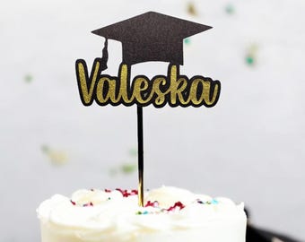 Set di decorazioni per torta di laurea personalizzate: cappello di laurea glitterato, nome personalizzato