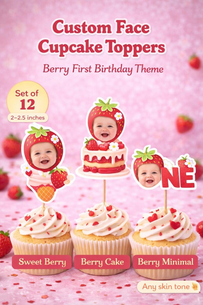 Custom Face Cupcake Toppers | Berry First Birthday, Strawberry Theme ...