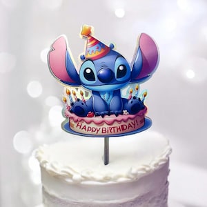 Topper per torta di compleanno personalizzato ispirato a Stitch - Decorazione per feste con simpatico alieno blu, compleanno per bambina, cappello da festa floreale, topper per torta fatto a mano